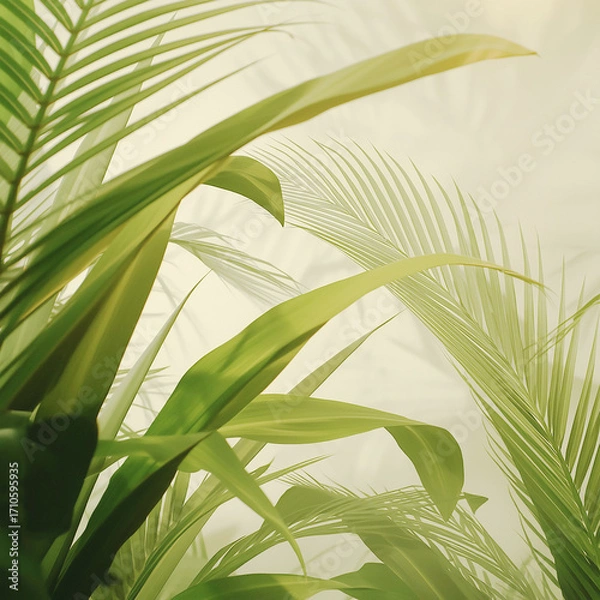 Obraz Close up of lush green tropical palm fronds and leaves with soft natural light filtering through