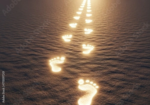 Fototapeta glowing footprints create path of light on dark surface, leading towards bright source. concept of spiritual journey, guidance, and enlightenment. metaphorical design.