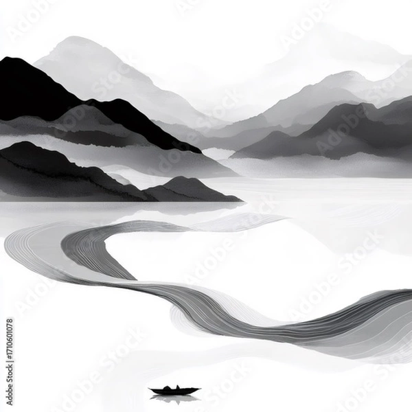 Obraz 墨絵風景 山と湖と小舟 静かな水面 反射
