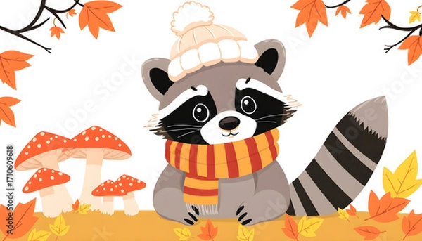 Fototapeta a simple, cute illustration of a raccoon wearing a bobble hat and striped scarf, surrounded by mushrooms and autumn leaves. 2d illustration, simple, clear lineart