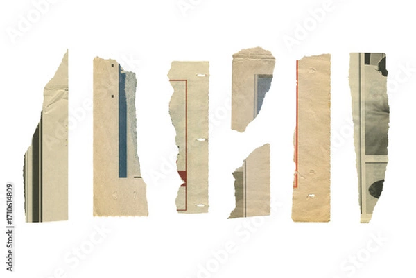 Fototapeta Set of torn pieces of  aged newspaper isolated.  Old ripped paper texture. 