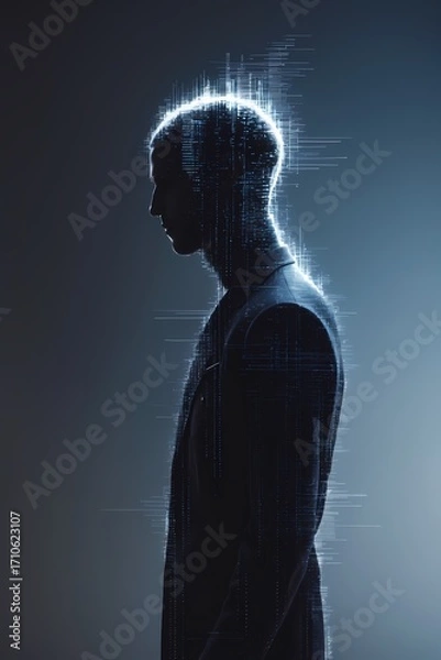 Fototapeta professional photograph of a surreal artwork featuring a human silhouette deteriorating into static noise symbolizing digital identity crisis set against a vertical 9:16 dark minimalist background wit