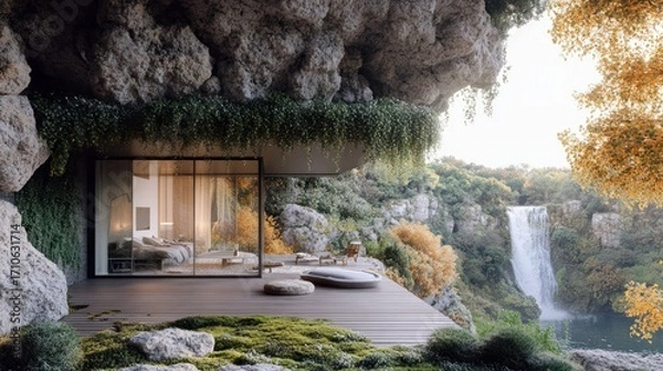 Fototapeta Cave House Waterfall Retreat: Modern Architecture Meets Nature's Serenity
