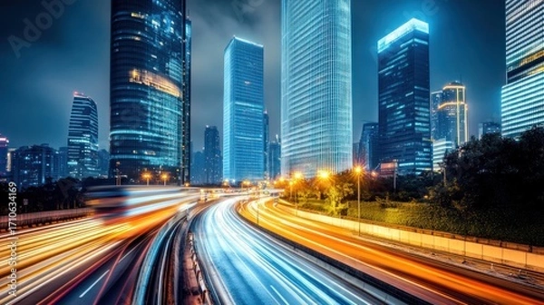 Fototapeta Night Cityscape: Dynamic Highway with Illuminated Skyscrapers