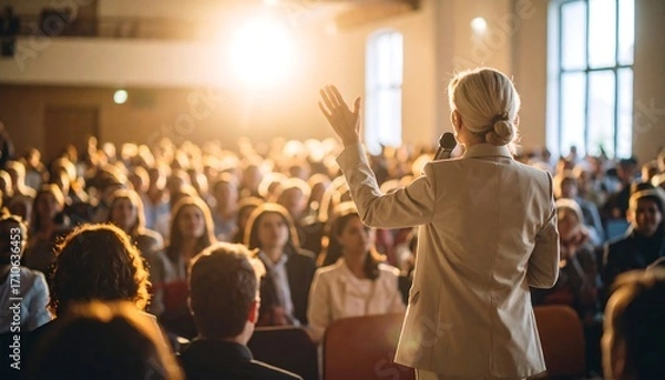 Fototapeta Speaker addressing a large audience in a hall