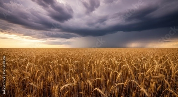Fototapeta Vast golden wheat field under a dramatic stormy sky, ready for harvest in a serene rural landscape.