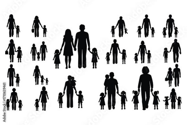 Fototapeta Diverse Family Silhouettes Holding Hands and Carrying Children in Various Poses people parent