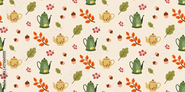 Fototapeta Autumn Seamless Pattern with Teapots, Coffee Pots, Acorns and Fall Leaves Illustration. Perfect for decor, wallpaper, fabric, textile, background