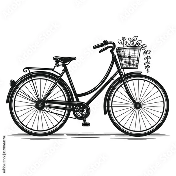 Obraz Vintage bicycle with flower basket charming retro transportation object drawing