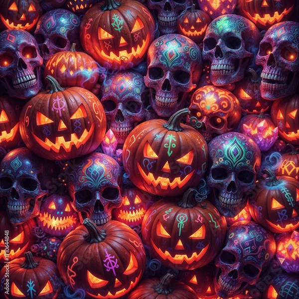 Fototapeta Pumpkins and skulls glow in dreamscape—colorful Halloween magic with soft light and spooky charm.