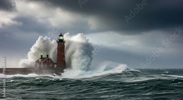 Fototapeta Iconic Lighthouse Enduring Powerful Crashing Waves During a Violent Storm on a Dark, Cloudy Day.