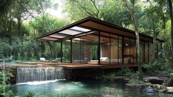 Fototapeta Serene Waterfall Villa: Modern Architecture in Lush Forest