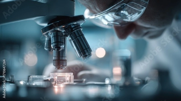 Fototapeta Medium shot of a scientist examining grain samples under a microscope in a controlled lab environment focused on germination testing with blurred background equipment