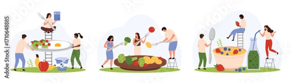 Fototapeta Healthy breakfast food set. Tiny people count calories of morning plate with calculator, characters holding forks and spoons to eat broccoli and fried egg, berry porridge cartoon vector illustration