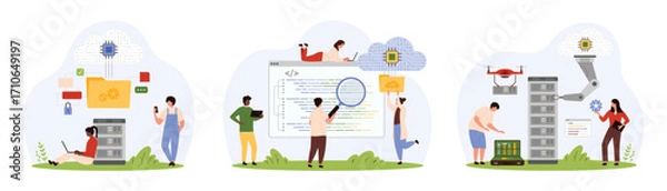 Fototapeta Cloud and digital data storage, programming software code, tech innovation set. Tiny people work with robot arm to repair server and internet connection, develop program cartoon vector illustration