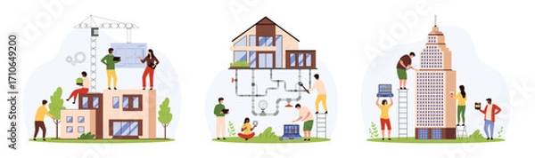 Fototapeta Construction and renovation of house, installation of underground water supply system set. Tiny people work with building project, engineers modeling infrastructure cartoon vector illustration