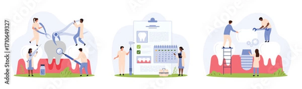 Fototapeta Dentistry, surgery and treatment set. Tiny people remove rotten tooth with caries, put implant in gum, work with schedule reminder for dental appointment in clinic cartoon vector illustration