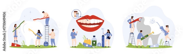 Fototapeta Teeth whitening in dental clinic and home hygiene set. Tiny people brush tooth with toothpaste, use electric toothbrush and irrigator for healthy shiny cleanliness cartoon vector illustration