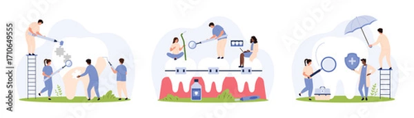 Fototapeta Dental health care, insurance and braces set. Tiny people check tooth enamel with dentists tools, protect teeth with umbrella and shield, correct bite with brackets cartoon vector illustration