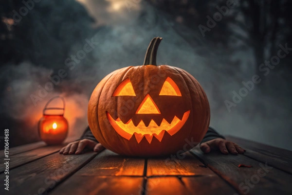 Fototapeta Glowing Halloween Jack-o’-Lantern Pumpkin on Wooden Table and background hands with Smoke and Candlelight