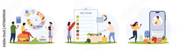 Fototapeta Diet plan management, healthy nutrition program set. Tiny people control food calories with meals planner mobile app, online advices of weight loss expert and dietitian cartoon vector illustration