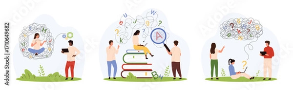 Fototapeta Difficulty in writing and reading, dyslexia brain disorder set. Tiny people help with learning and understanding problems, research chaos of letters with magnifying glass cartoon vector illustration