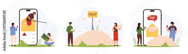 Fototapeta Email spam overload, phishing attack set. Tiny people drowning in letters and mailbox messages with Help sign, scam warning and fishing threat of money theft by criminal cartoon vector illustration