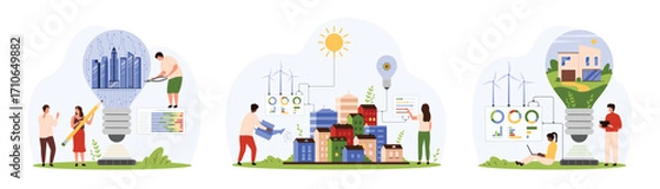 Fototapeta Green energy project for eco friendly city set. Tiny people save environment with houses inside light bulb, urban landscape with buildings, solar panels and wind turbines cartoon vector illustration