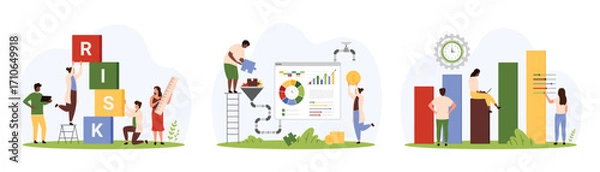 Fototapeta Safety analysis and assessment for financial investment set. Tiny people measure tower of cubes with Risk text, convert decision into money with filter, work with settings cartoon vector illustration