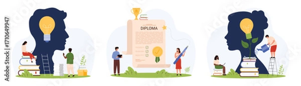 Fototapeta Brain development and training set. Tiny people grow light bulb inside silhouette of human head, develop cognitive skill and knowledge of student, award diploma to graduate cartoon vector illustration