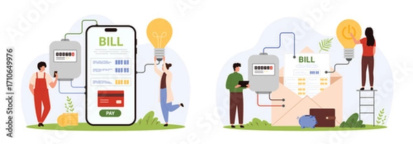 Fototapeta Payment for electricity via mobile app, notifications by mail set. Tiny people pay for energy bill with credit card on phone screen, hold light bulb, check price in letter cartoon vector illustration