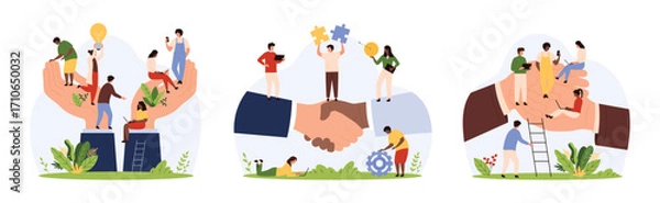 Fototapeta Support and care for wellbeing of employees from corporate leader, workers union set. Giant hands hold tiny people with assistance in career growth, social protection cartoon vector illustration