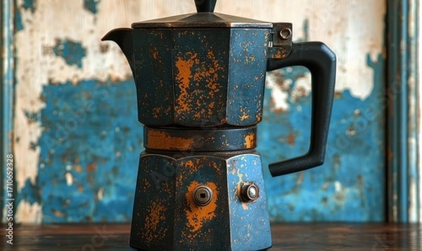 Fototapeta Vintage-style coffee maker on a rustic wooden surface