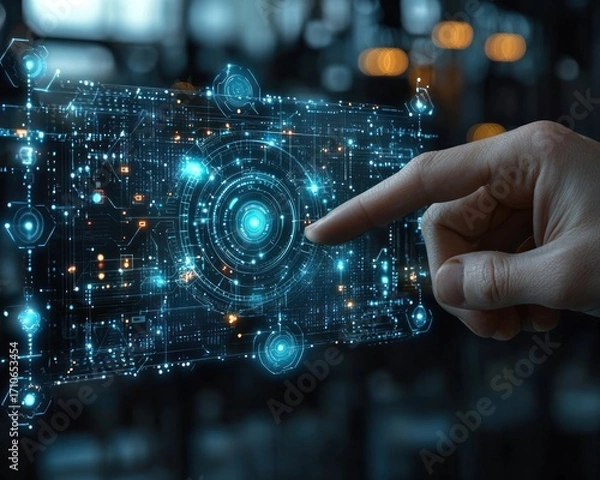 Fototapeta A hand points to a futuristic digital interface