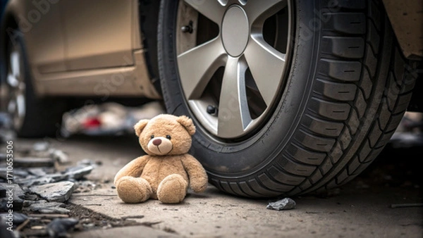Obraz Small teddy bear lying beside crushed car tire ac, teddy bear beside damaged car wheel evokes abandonment and concern