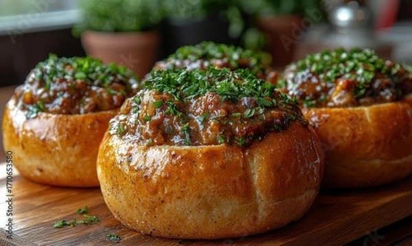 Fototapeta Baked bread bowls filled with savory stew