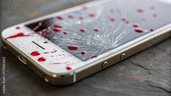 Obraz Cracked smartphone screen with red blood droplets conveying danger and urgency