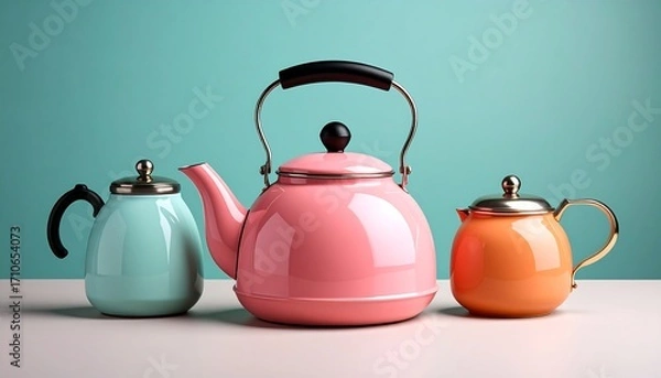 Fototapeta Three colorful kettles on a white surface