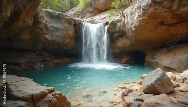 Fototapeta Serene Waterfall Oasis: A Tranquil Retreat Amidst Rocky Cliffs and Turquoise Waters