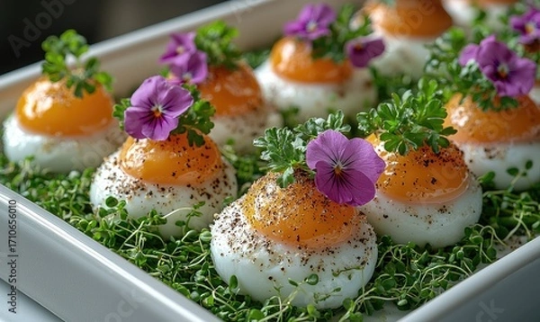 Fototapeta Delicate deviled eggs garnished with flowers