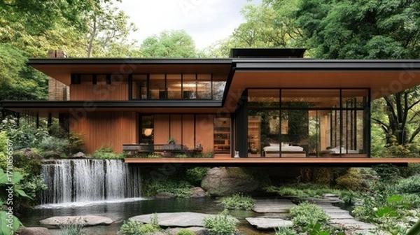 Obraz Serene Modern House nestled in a lush forest landscape, featuring a waterfall and pond. Stunning architecture design, perfect blend of nature and modern living.