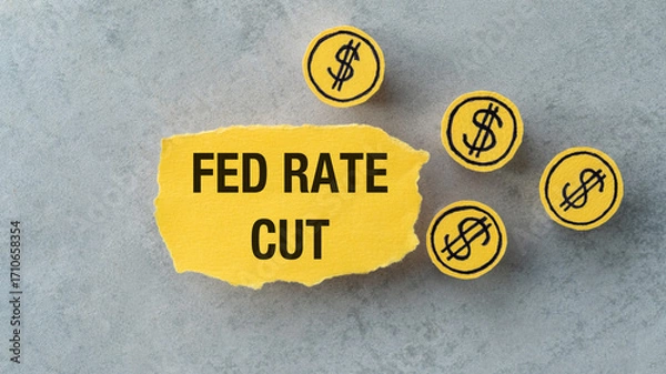 Fototapeta Fed Rate Cut on top of a downward falling graph, macro closeup view. Concept on FOMC adjusting rates to address inflation and the .