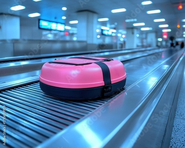 Fototapeta Pink suitcase on an airport baggage carousel