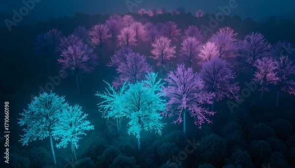 Obraz Aerial View of Bioluminescent Forest Glowing Turquoise and Violet