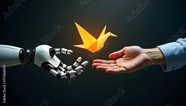 Obraz Human and Robotic Hands Exchanging Glowing Origami Bird
