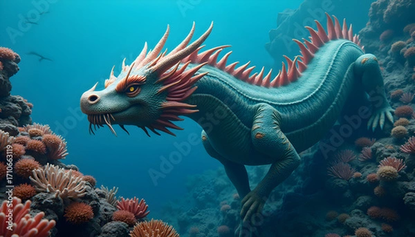 Obraz Dragon Sculpted from Living Coral Reefs Swimming in Deep Ocean