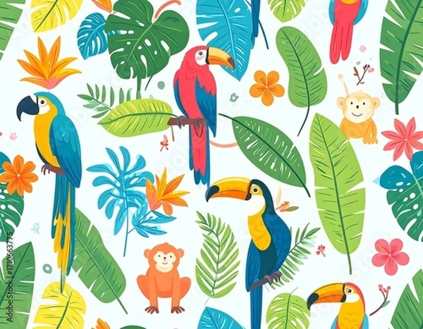 Fototapeta Tropical birds and plants repeating pattern