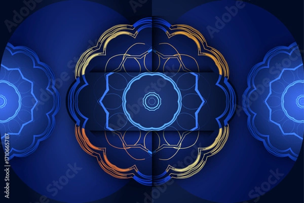 Fototapeta Decorative mandala design with golden and blue floral patterns in symmetrical arrangement