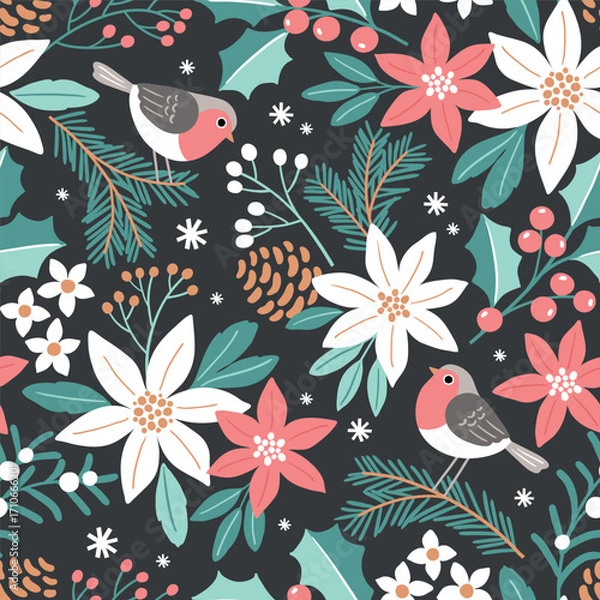 Fototapeta Seamless vector pattern with cute robin on winter floral background. Hand drawn Christmas foliage with poinsettia, berry and pine branch. Perfect for textile, wallpaper or nursery print design. EPS10 