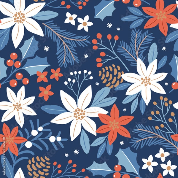 Fototapeta Seamless vector pattern with hand drawn Christmas foliage. Winter flora design with poinsettia, berry and pine branch. Perfect for textile, wallpaper or nursery print design. EPS10 vector file.